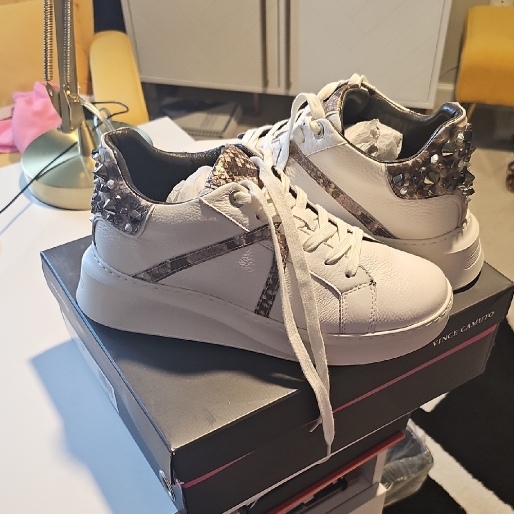 Vince Camuto White and Silver Studded Sneakers